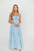 Sutton Corset Button Down Tiered Maxi Dress in Light Blue *Final-Sale*