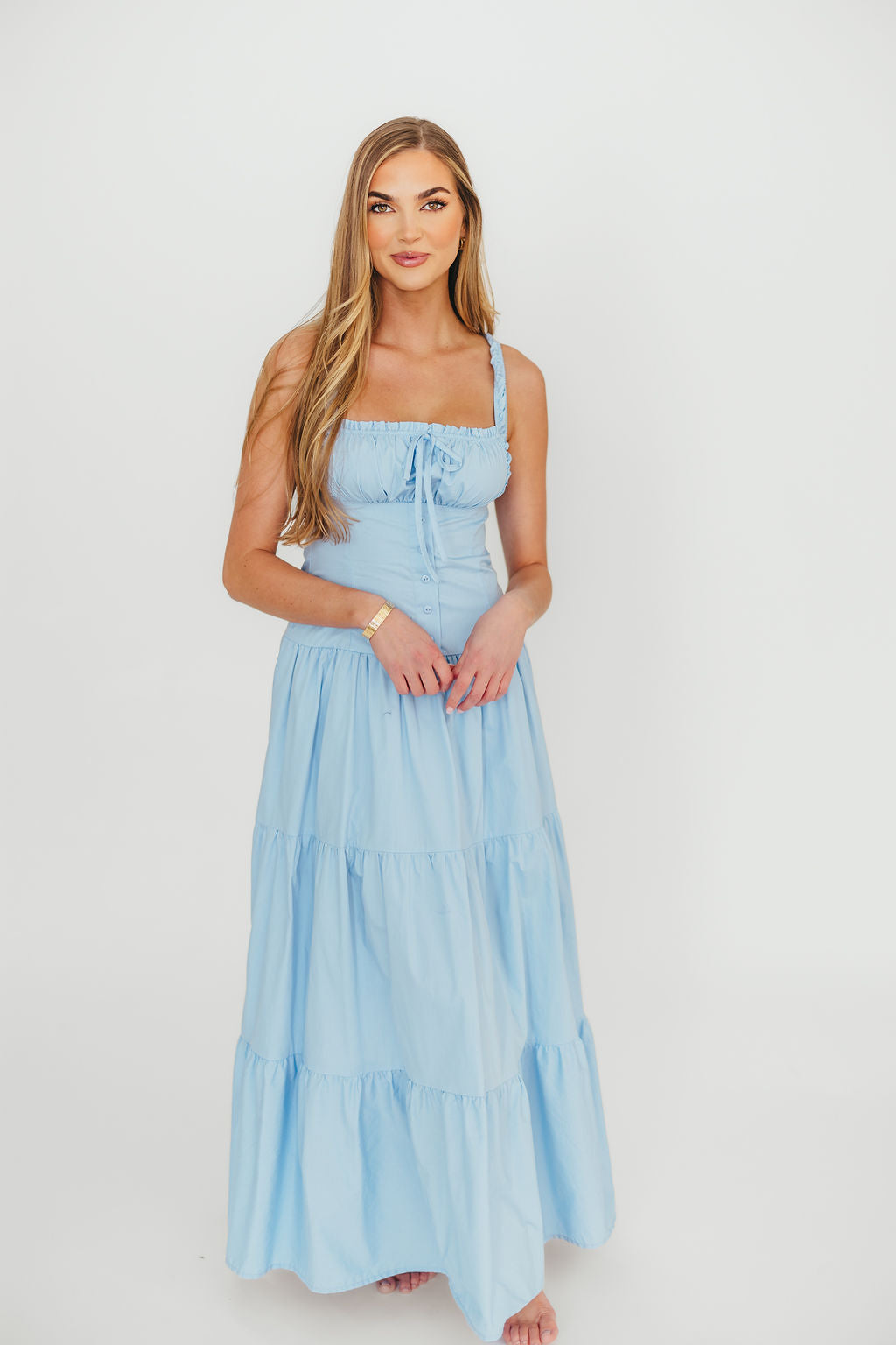 Sutton Corset Button Down Tiered Maxi Dress in Light Blue *Final-Sale*