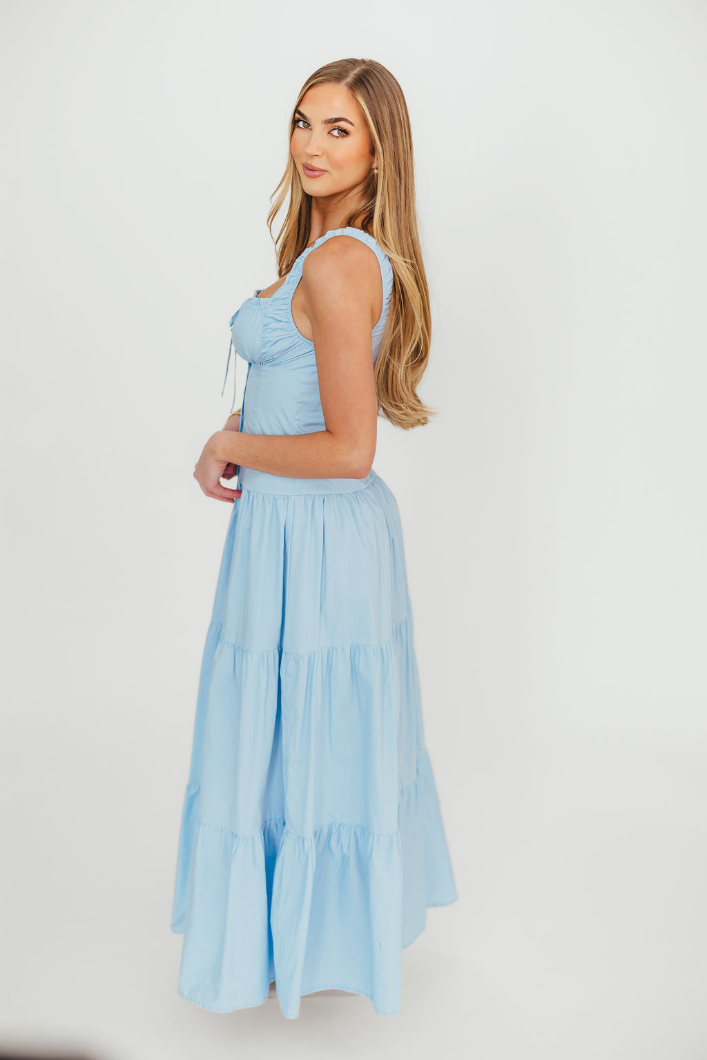 Sutton Corset Button Down Tiered Maxi Dress in Light Blue *Final-Sale*