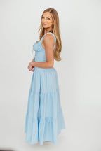 Sutton Corset Button Down Tiered Maxi Dress in Light Blue *Final-Sale*