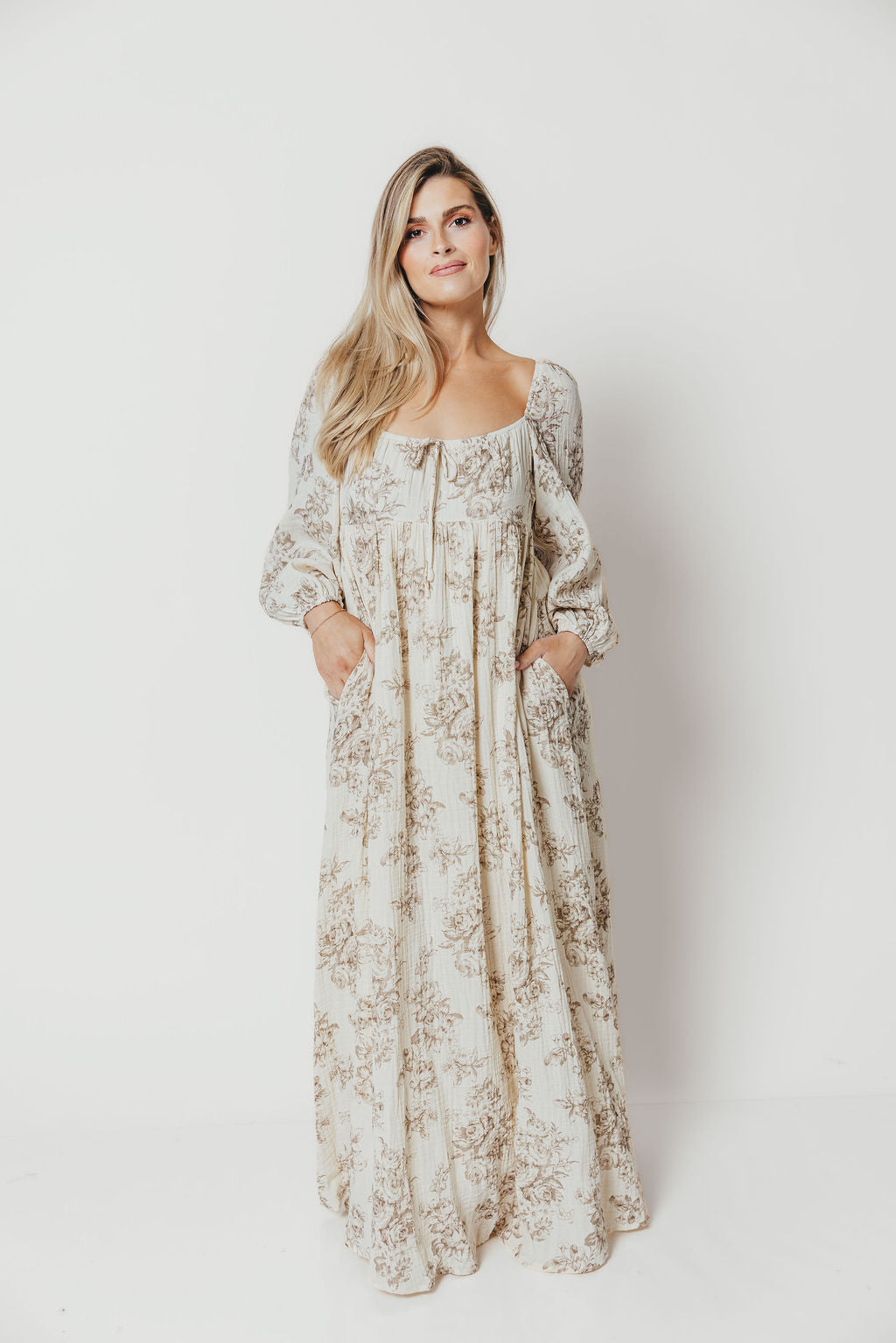Peyton 100% Cotton Maxi Dress in Brown Floral - Bump Friendly