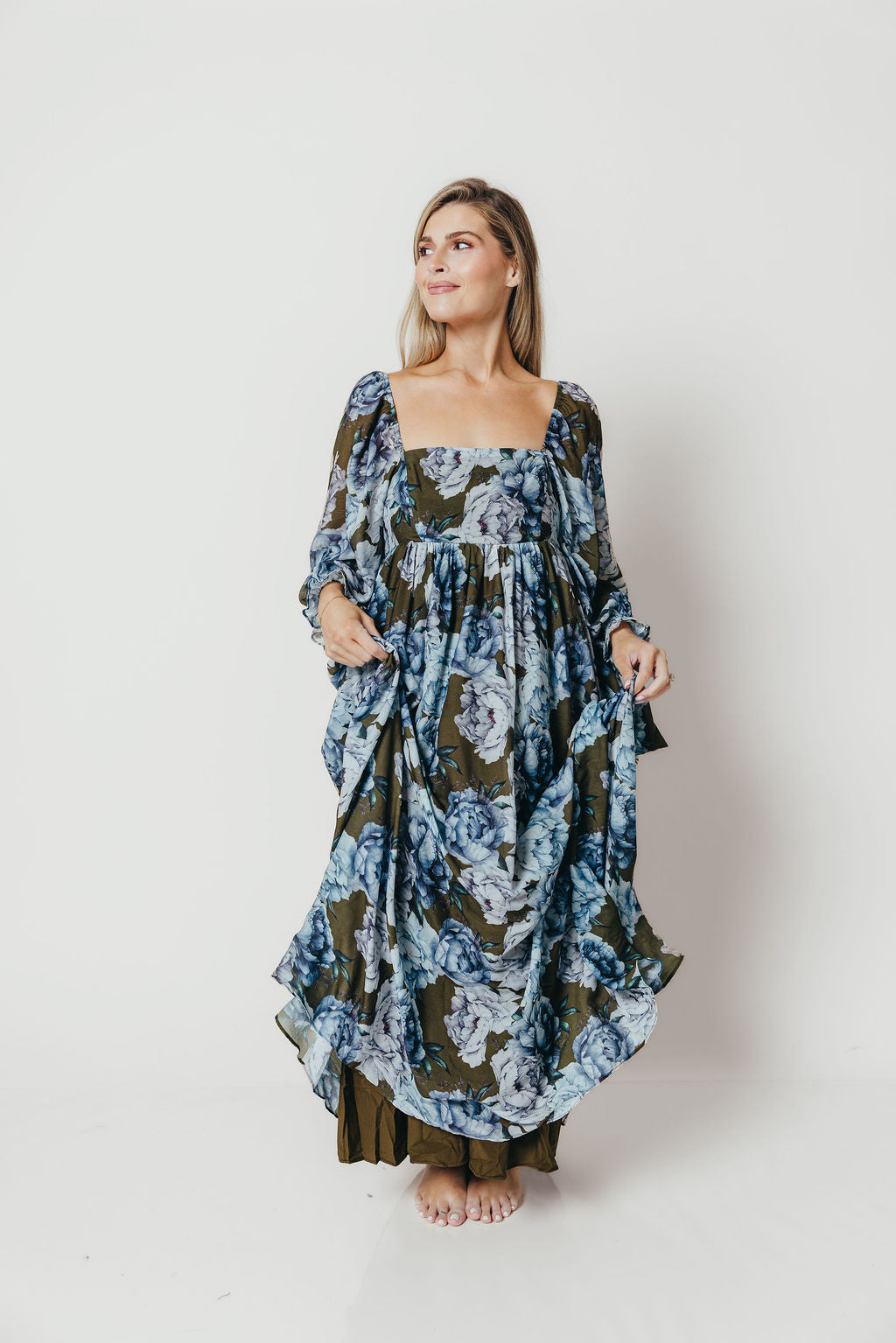 Mona Maxi Dress in Olive/Blue Floral - Bump Friendly