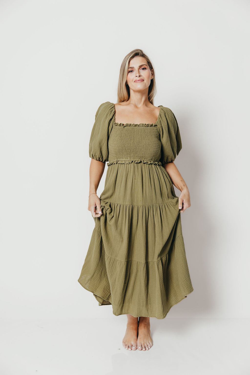 Elena 100% Cotton Midi Dress in Olive - Bump Friendly *Final Sale*
