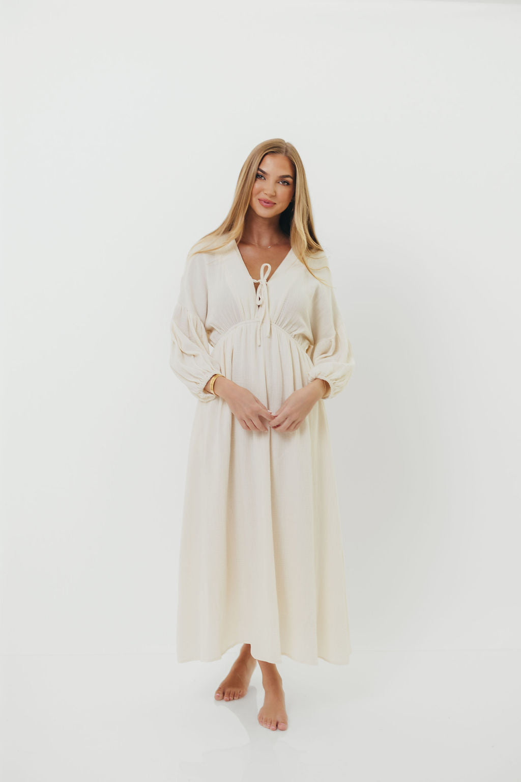 Hunter 100% Cotton Gauze Midi Dress in Soy - Bump Friendly
