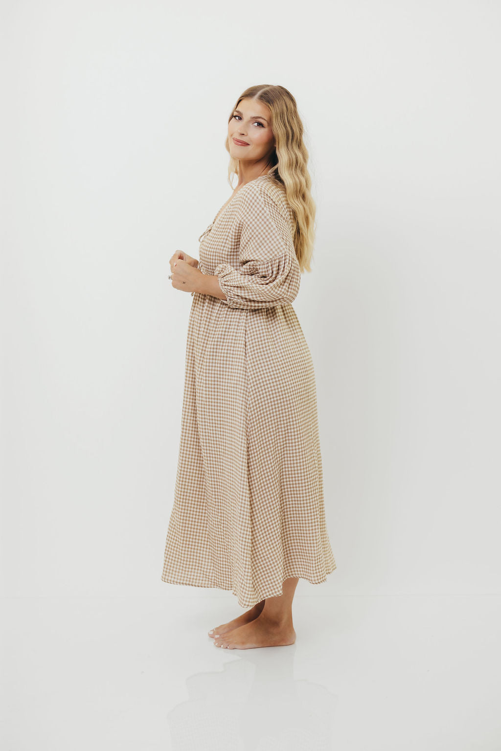 Hunter Printed Gauze Midi Dress in Natural Plaid - Bump Friendly