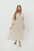 Hunter 100% Cotton Gauze Midi Dress in Natural/Tan Floral - Bump Friendly