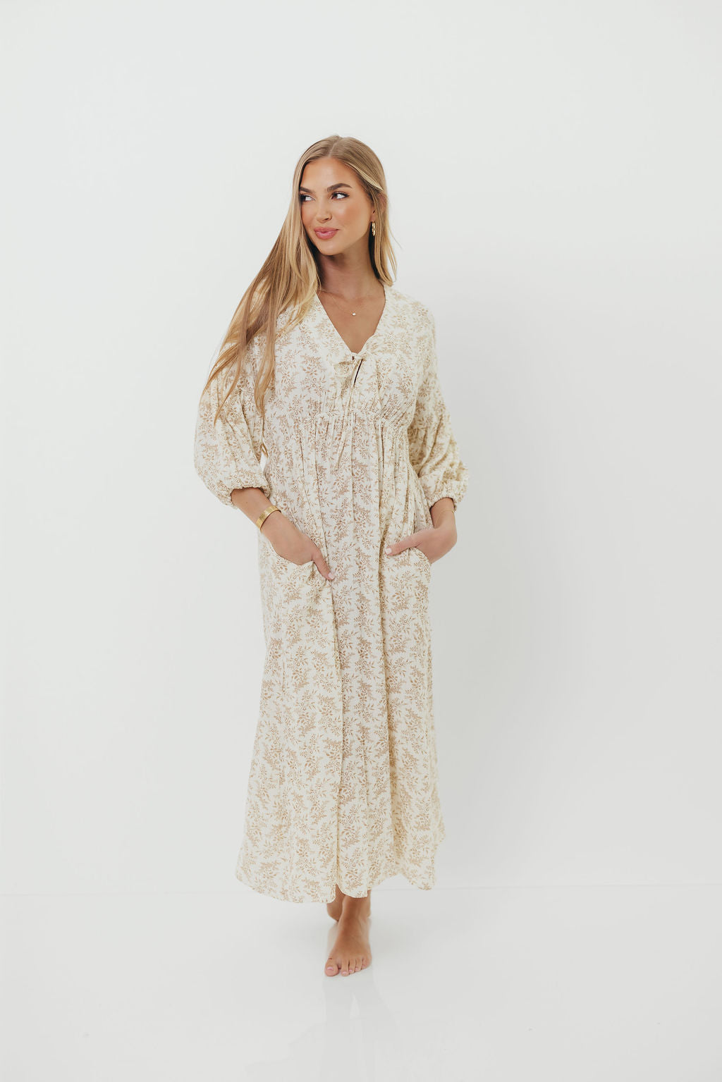 Hunter 100% Cotton Gauze Midi Dress in Natural/Tan Floral - Bump Friendly