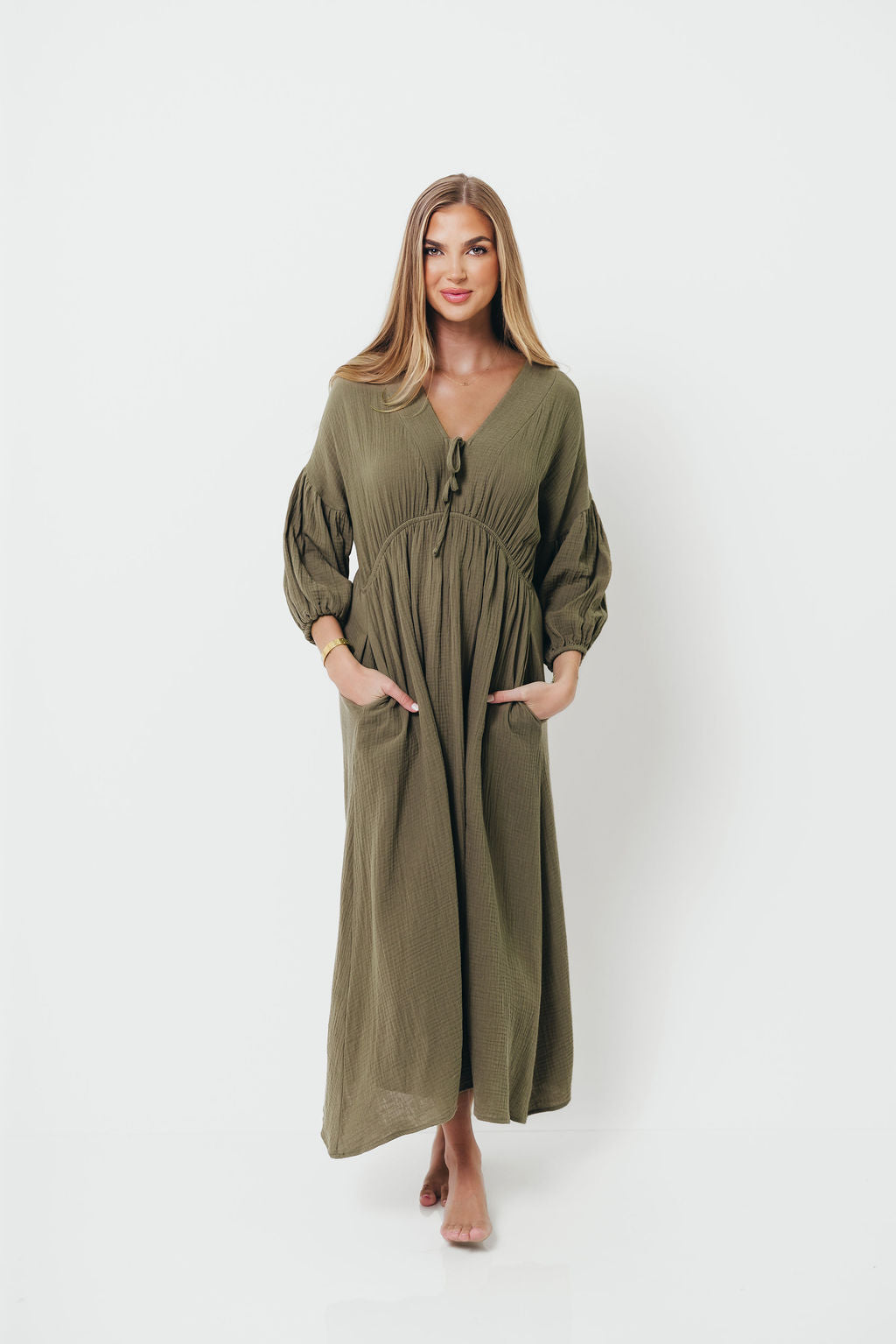 Hunter 100% Cotton Gauze Midi Dress in Green - Bump Friendly