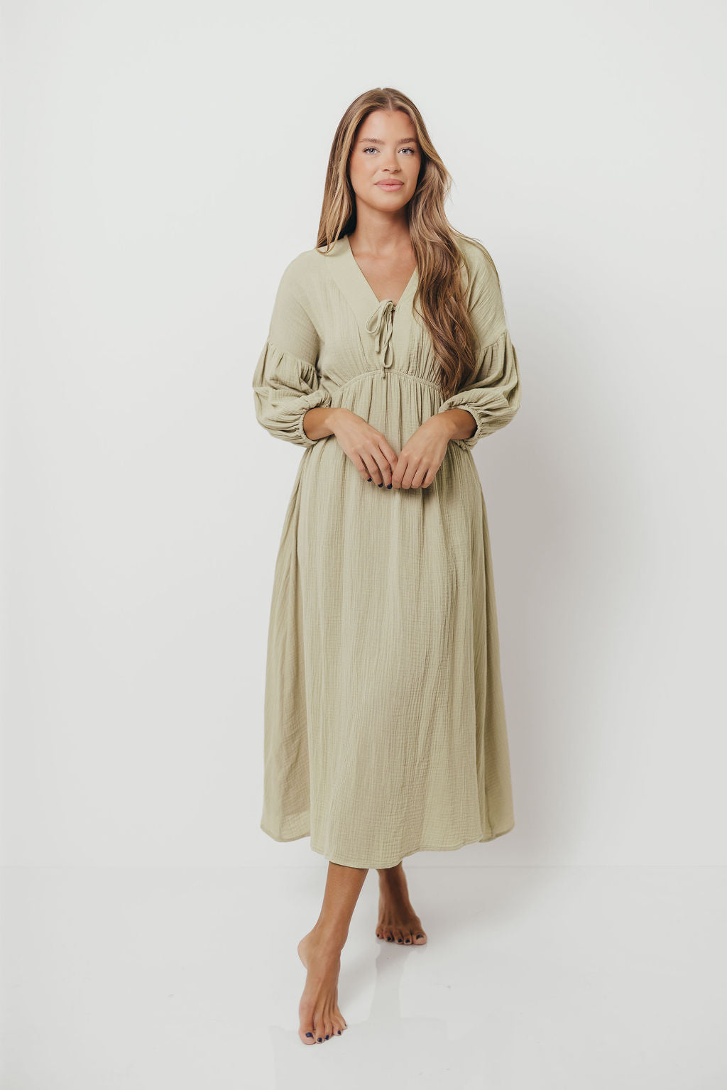 Hunter 100% Cotton Gauze Midi Dress in Thyme - Bump Friendly and Inclusive Sizing