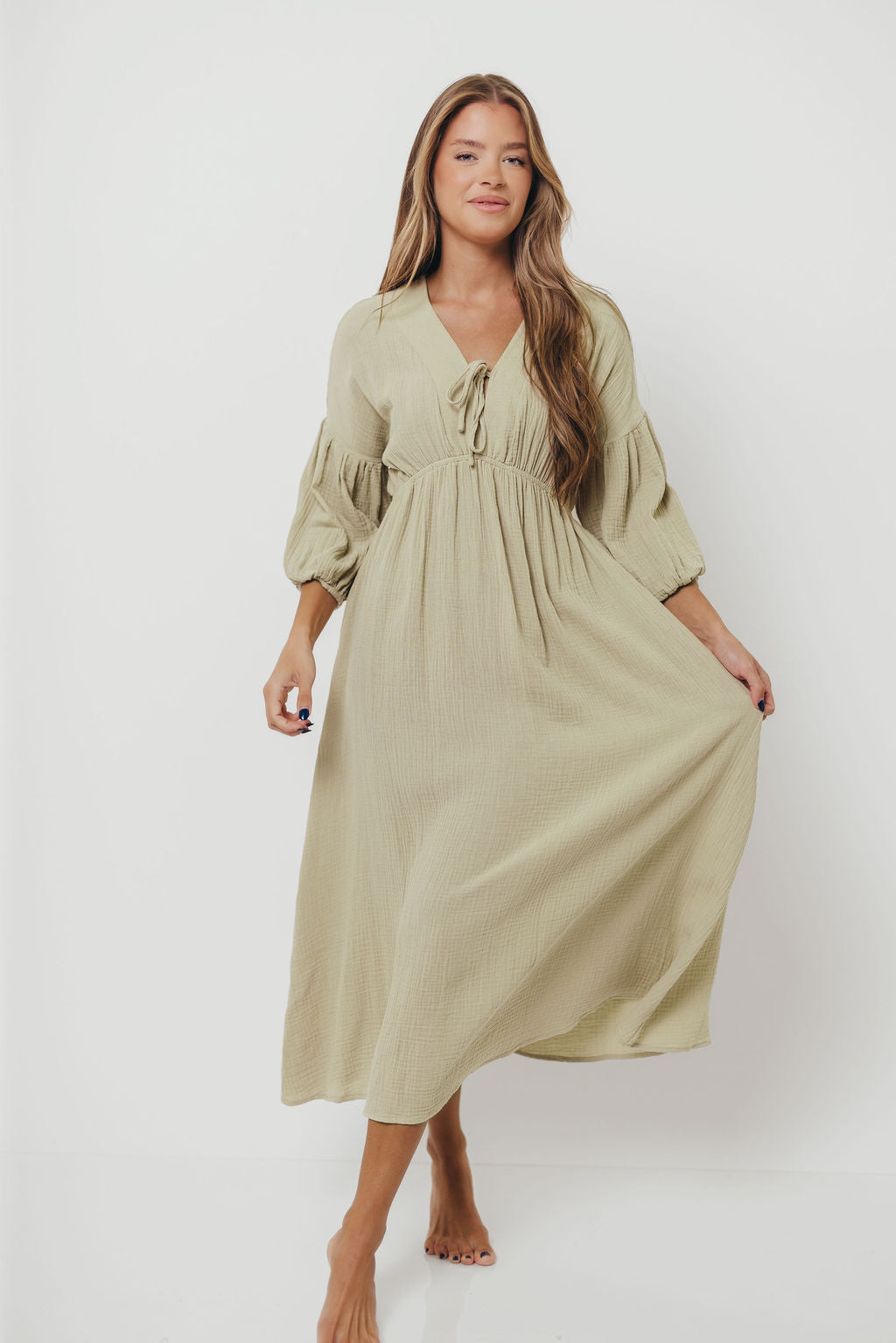 Hunter 100% Cotton Gauze Midi Dress in Thyme - Bump Friendly and Inclusive Sizing