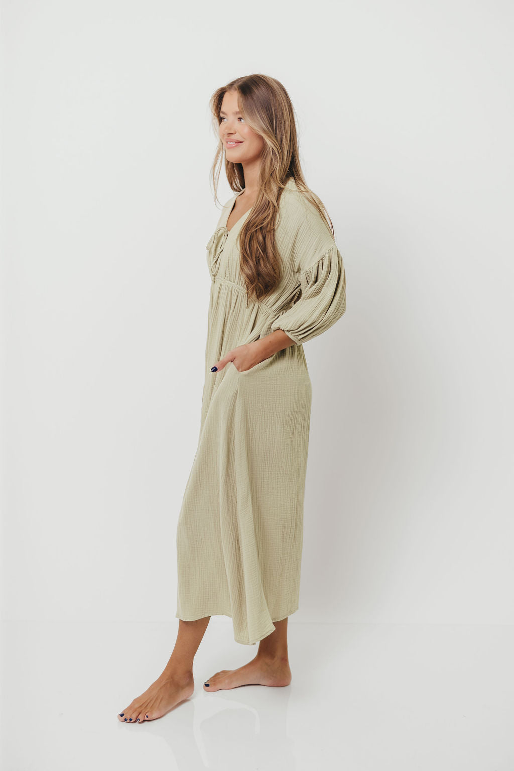 Hunter 100% Cotton Gauze Midi Dress in Thyme - Bump Friendly and Inclusive Sizing