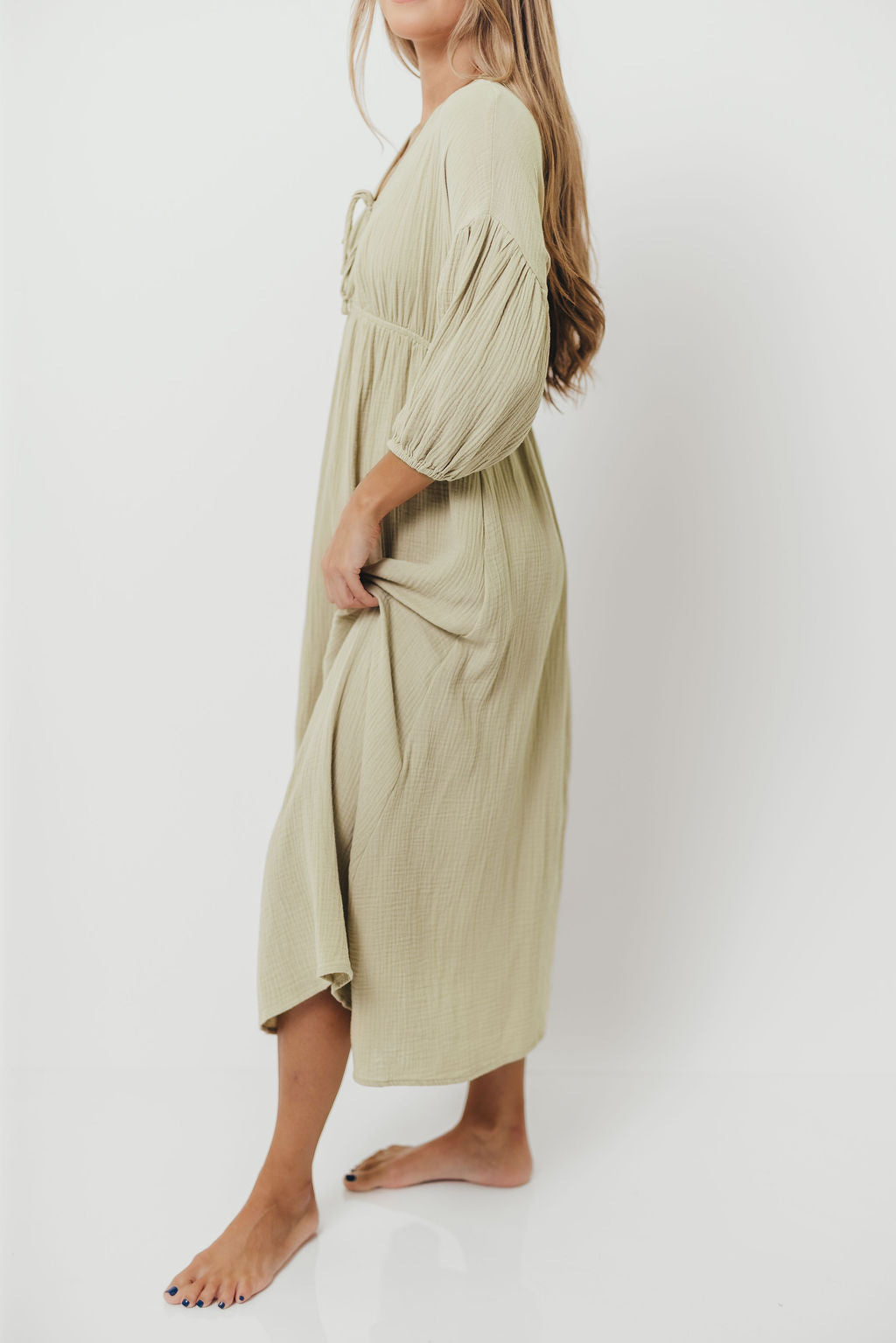 Hunter 100% Cotton Gauze Midi Dress in Thyme - Bump Friendly and Inclusive Sizing