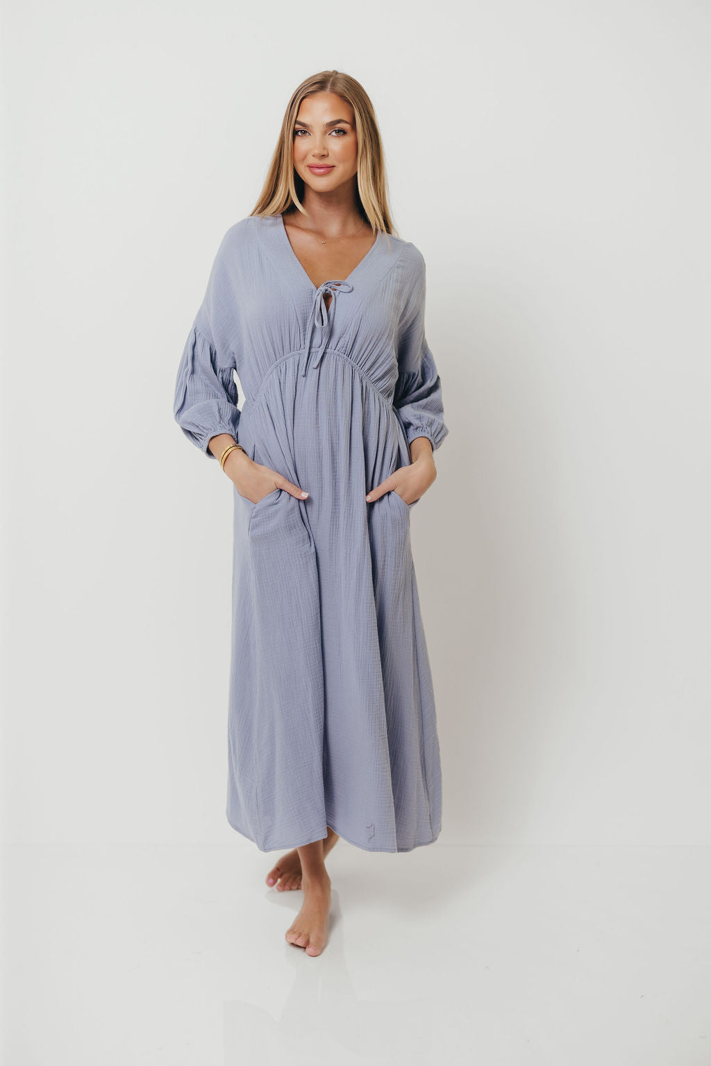 Hunter 100% Cotton Gauze Midi Dress in Blue - Bump Friendly