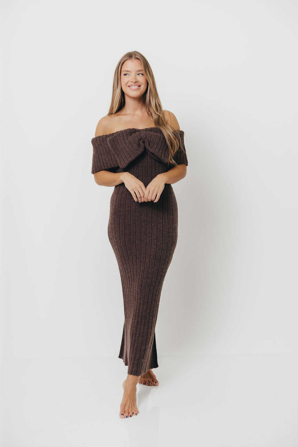Aston Bow Front Maxi Sweater Dress in Charcoal Brown - Bump Friendly