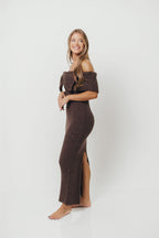 Aston Bow Front Maxi Sweater Dress in Charcoal Brown - Bump Friendly