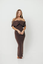 Aston Bow Front Maxi Sweater Dress in Charcoal Brown - Bump Friendly
