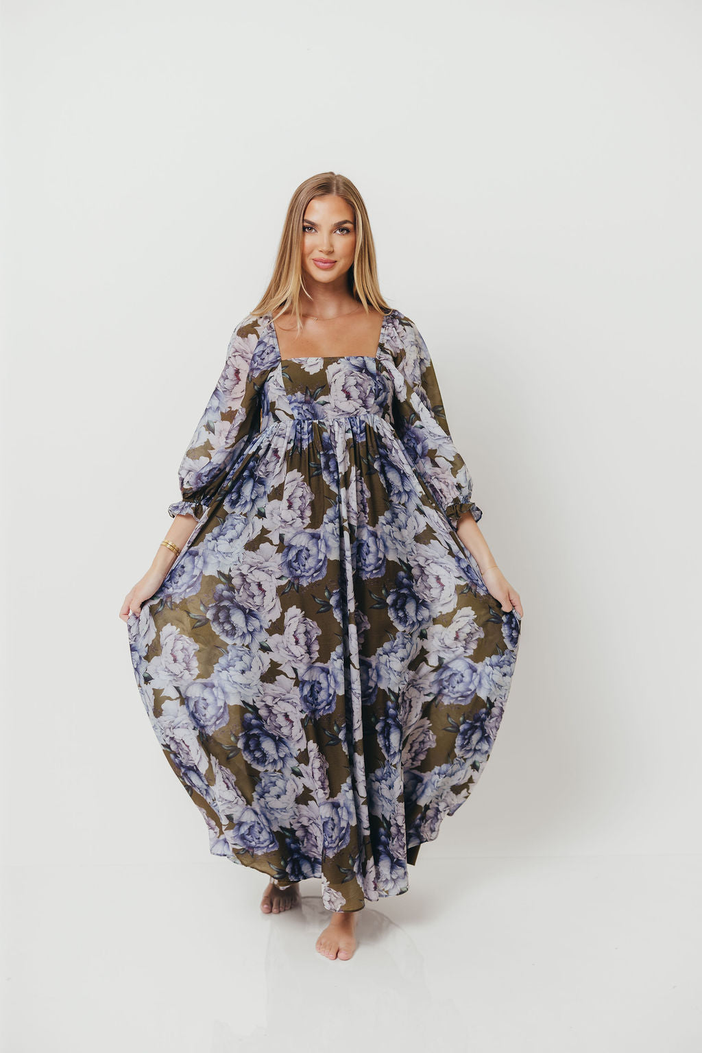 Mona Maxi Dress in Olive/Blue Floral - Bump Friendly