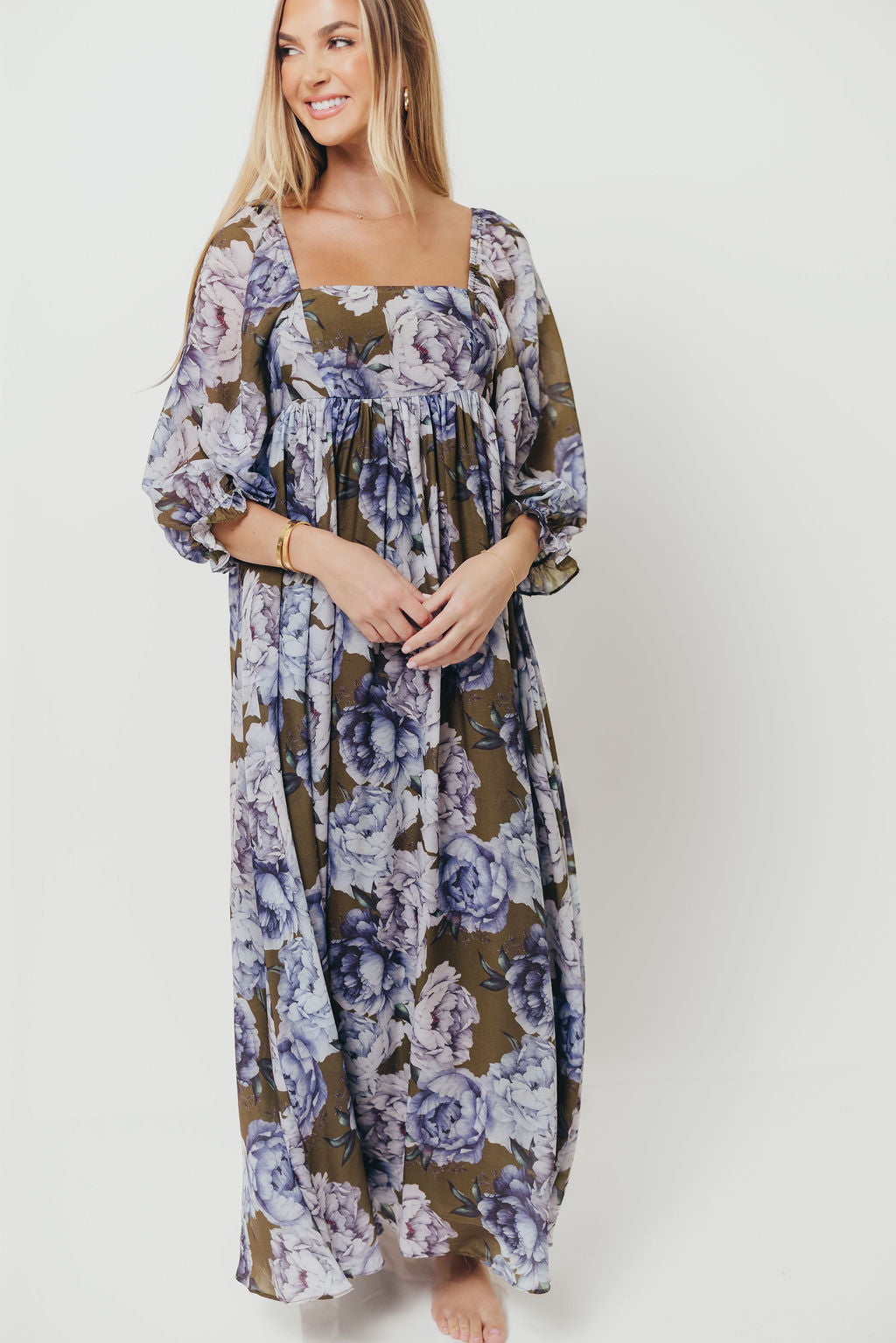 Mona Maxi Dress in Olive/Blue Floral - Bump Friendly
