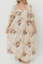 Mona Maxi Dress with Smocking in Cream/Beige Floral - Bump Friendly