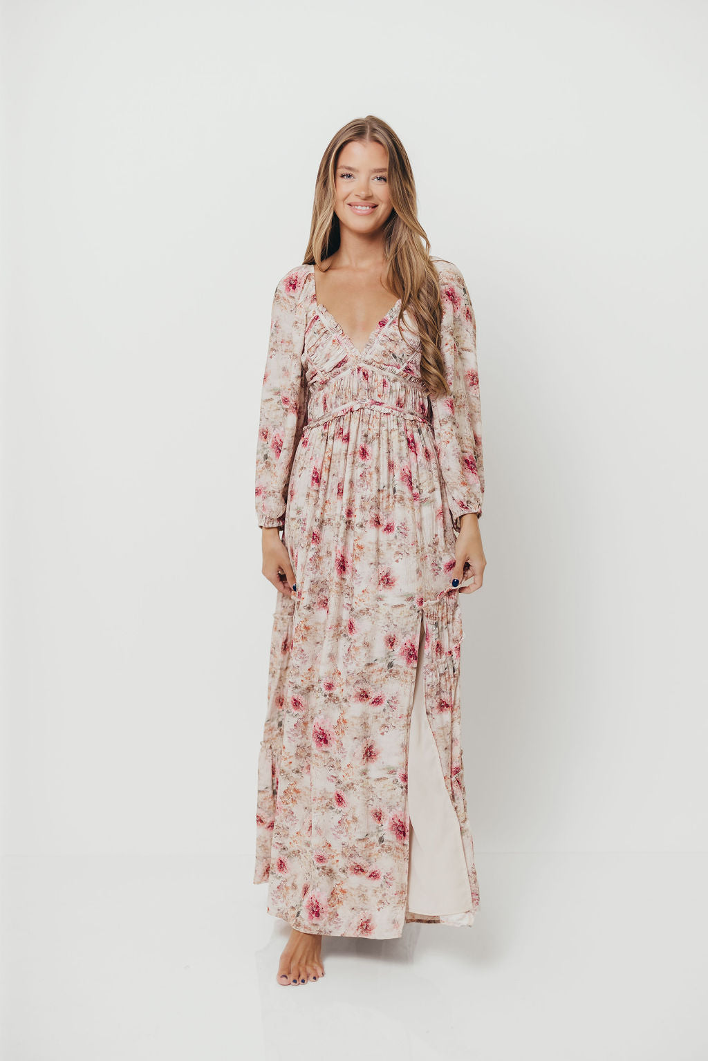 Daphne Long Sleeve Maxi Dress in Pink/Beige Multi Floral - Bump Friendly