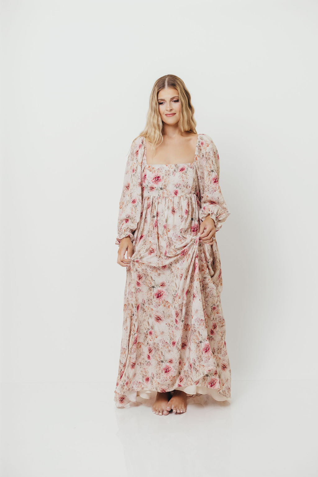 Mona Maxi Dress with Smocking in Pink/Beige Multi Floral - Bump Friendly