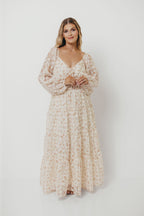 Macklynn V-Neck Long Sleeve Tier Maxi Dress in Cream/Orange Floral
