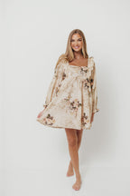 Tayler 100% Cotton Mini Dress in Beige Floral