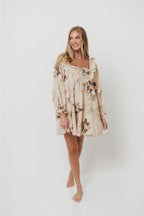 Tayler 100% Cotton Mini Dress in Beige Floral