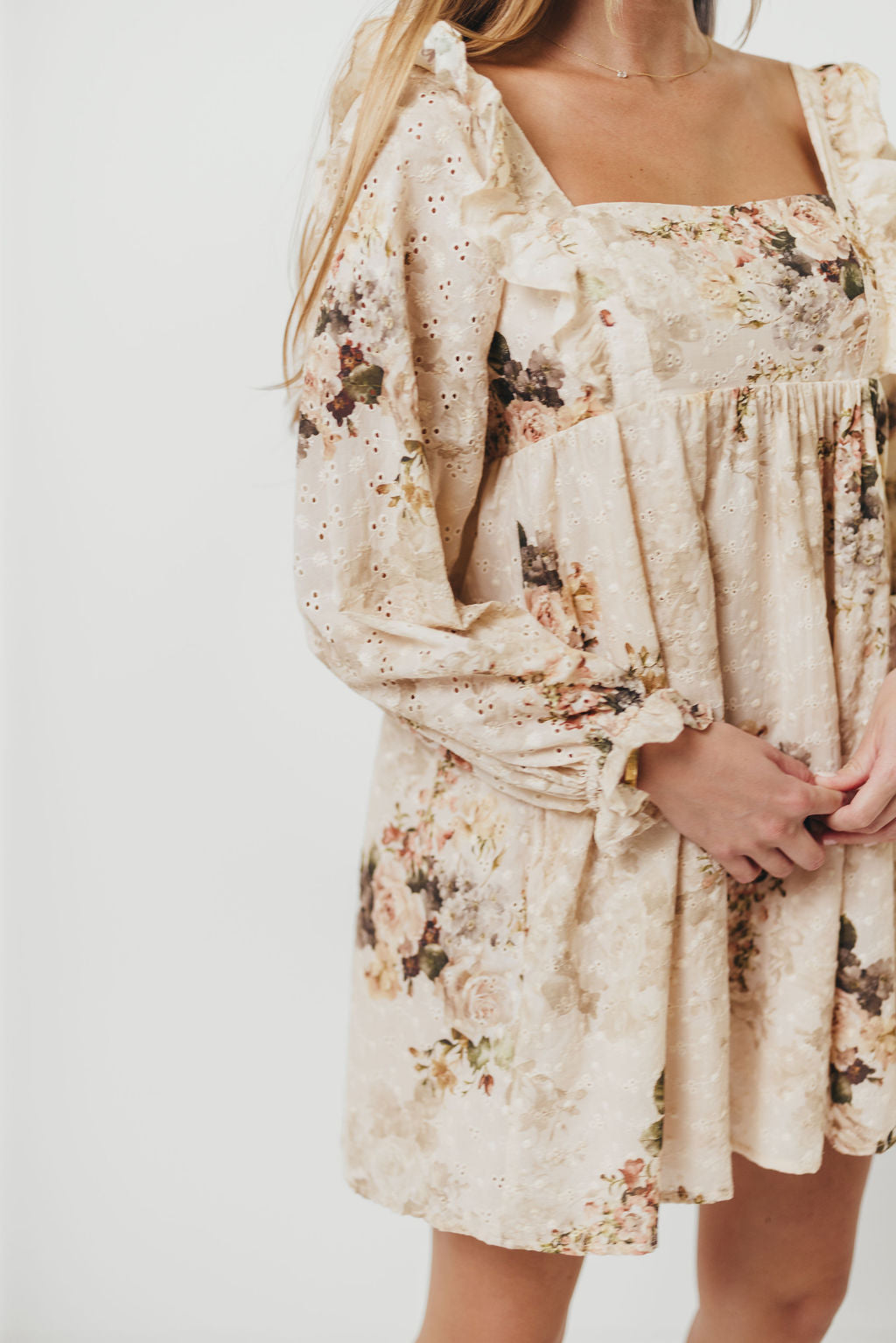 Tayler 100% Cotton Mini Dress in Beige Floral