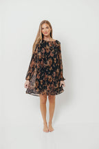 Lorraine Pleated Lurex Floral Print Mini Dress in Black
