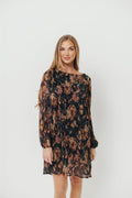 Lorraine Pleated Lurex Floral Print Mini Dress in Black