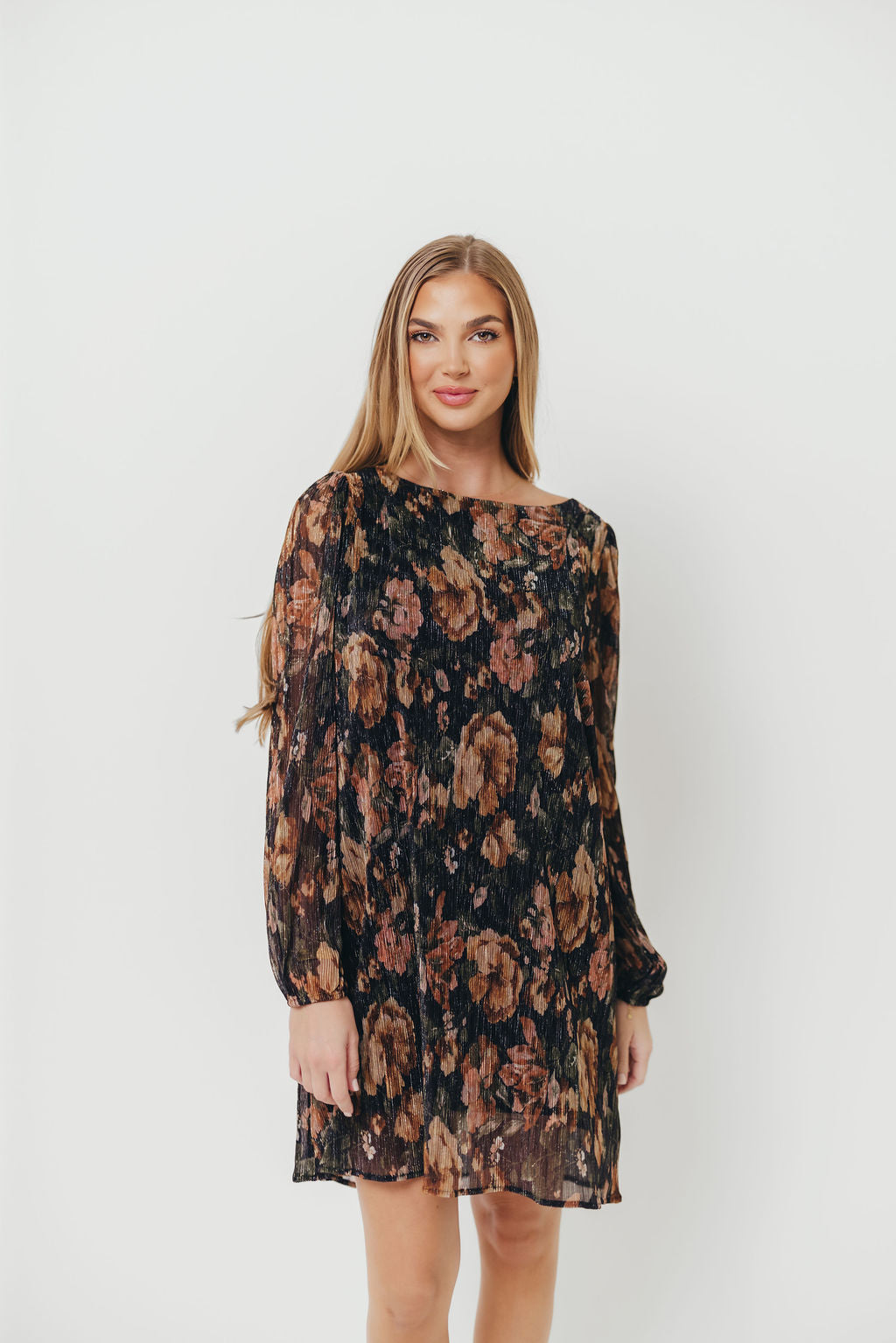 Lorraine Pleated Lurex Floral Print Mini Dress in Black