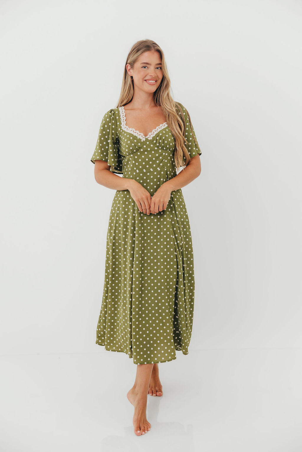 Mindy Flutter Sleeve Polka Dot Midi Dress in Olive