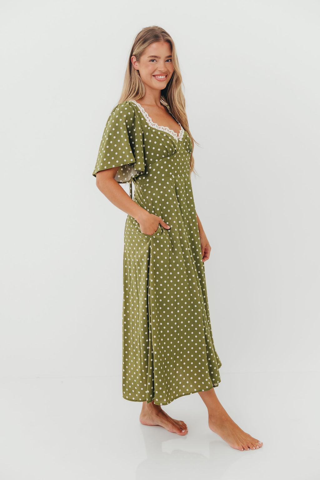 Mindy Flutter Sleeve Polka Dot Midi Dress in Olive