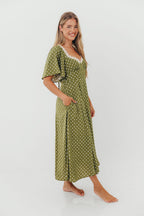 Mindy Flutter Sleeve Polka Dot Midi Dress in Olive