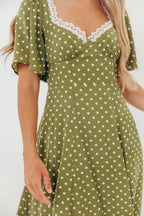 Mindy Flutter Sleeve Polka Dot Midi Dress in Olive