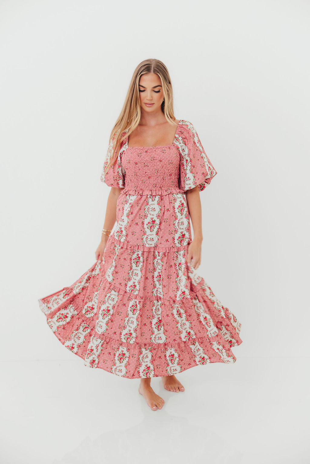 CariDee Floral Print Ruffle Detail Maxi Dress in Mauve