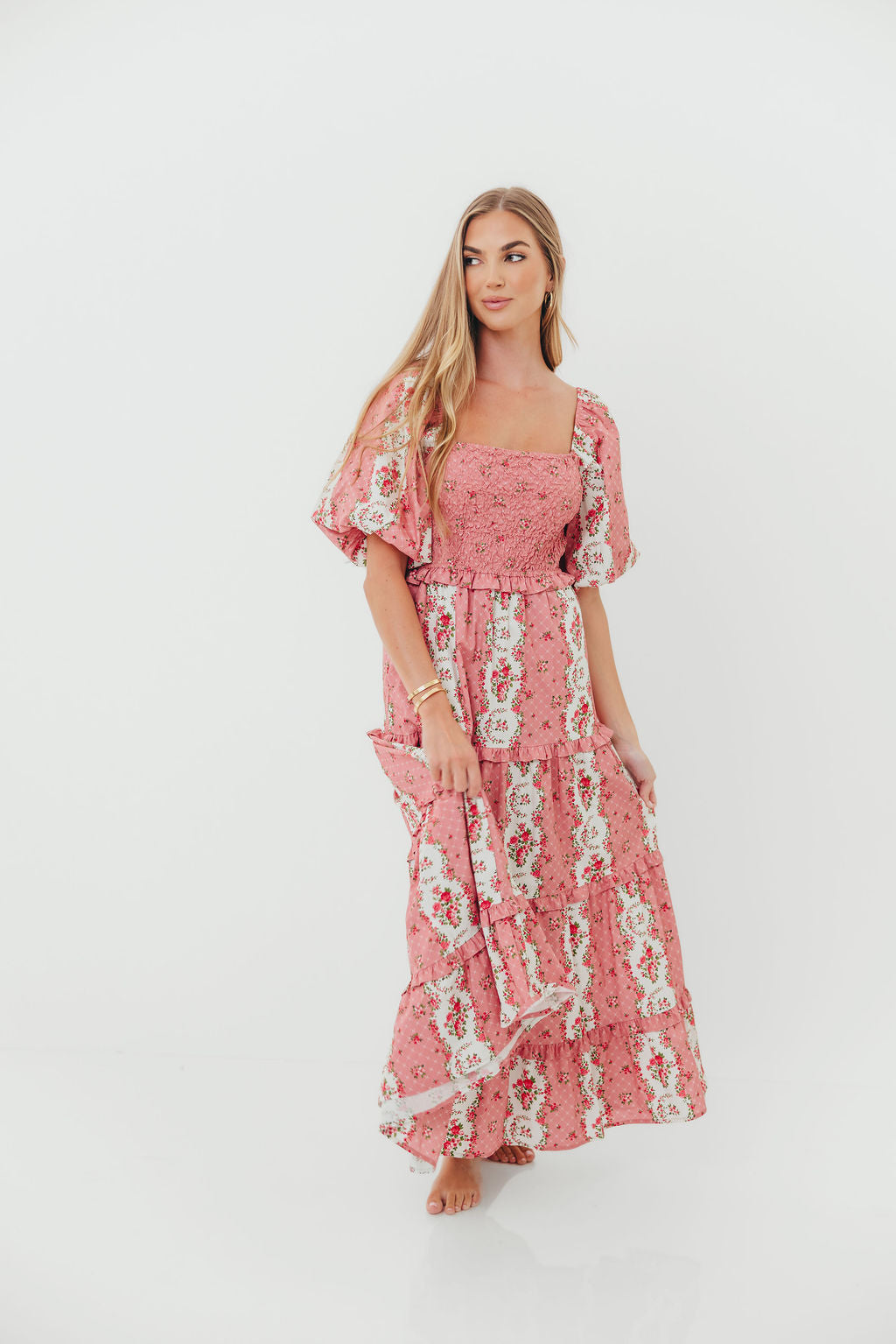 CariDee Floral Print Ruffle Detail Maxi Dress in Mauve