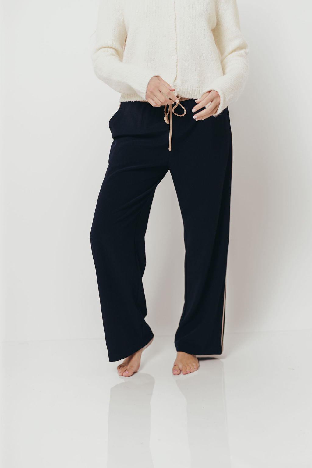 Amanza Vintage Contrast Piping Drawstring Pants in Navy Tan *Final Sale*