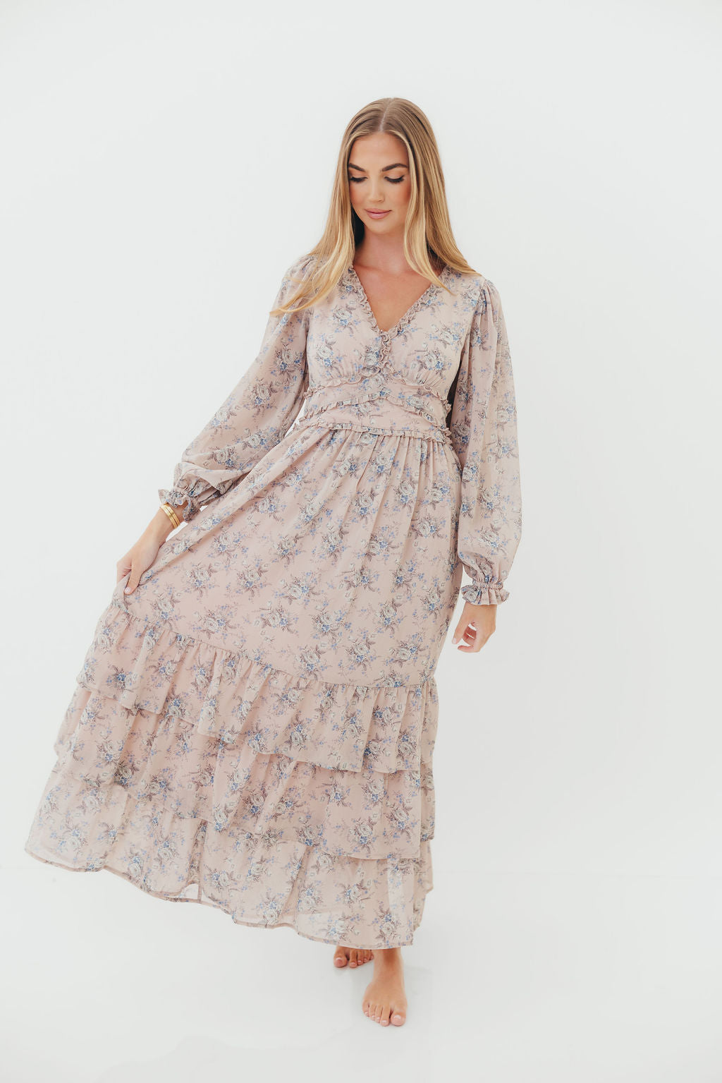 Shenae Ruffled Tiered Floral Maxi Dress in Dusty Pink