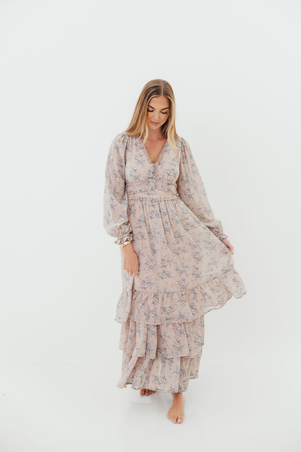 Shenae Ruffled Tiered Floral Maxi Dress in Dusty Pink