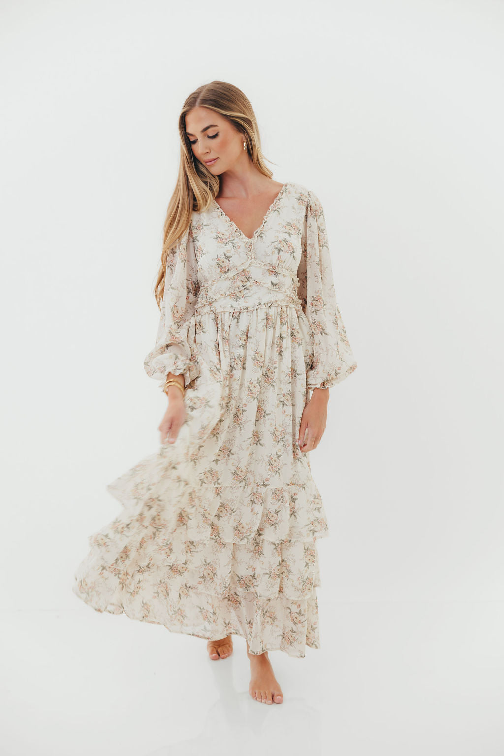 Shenae Ruffled Tiered Floral Maxi Dress in Vintage Cream
