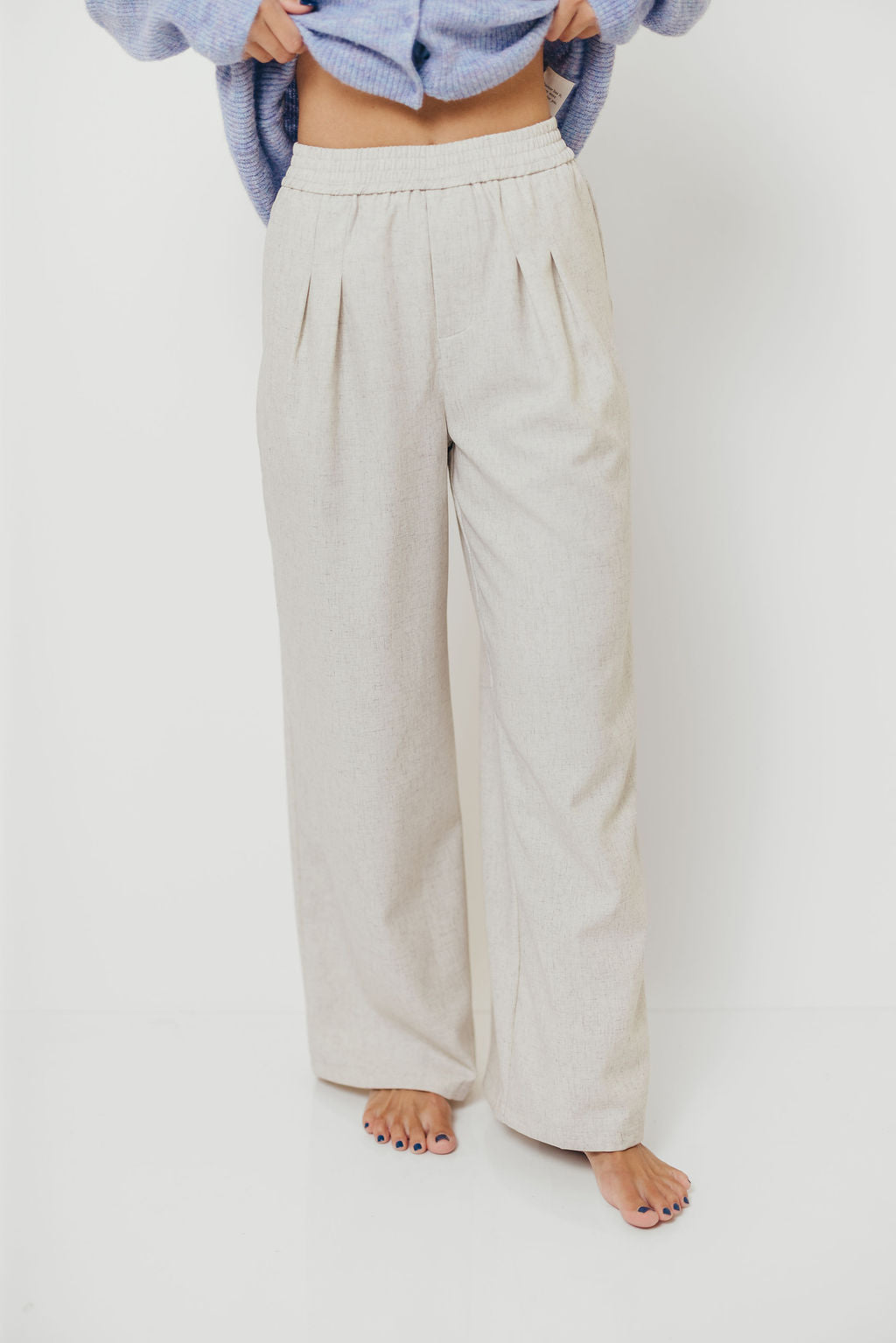 Truett Elastic Band Pleated Wide-Leg Pants in Ivory White