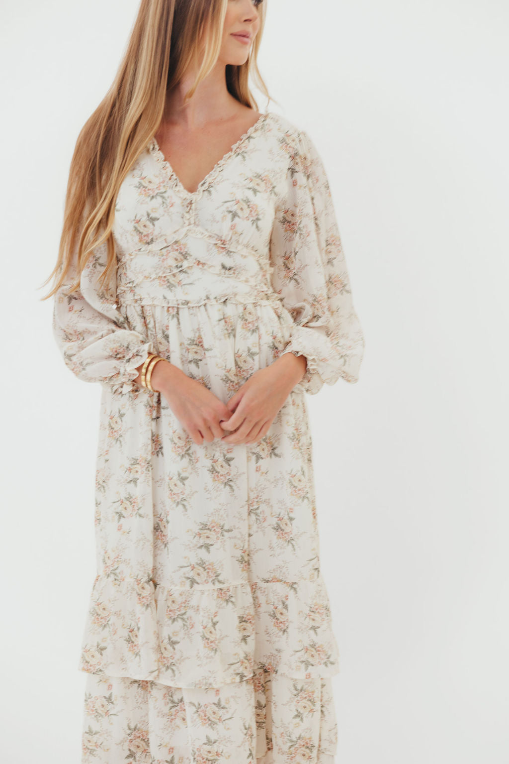 Shenae Ruffled Tiered Floral Maxi Dress in Vintage Cream