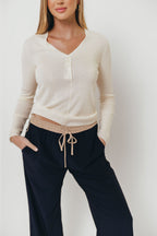 Amanza Vintage Contrast Piping Drawstring Pants in Navy Tan *Final Sale*