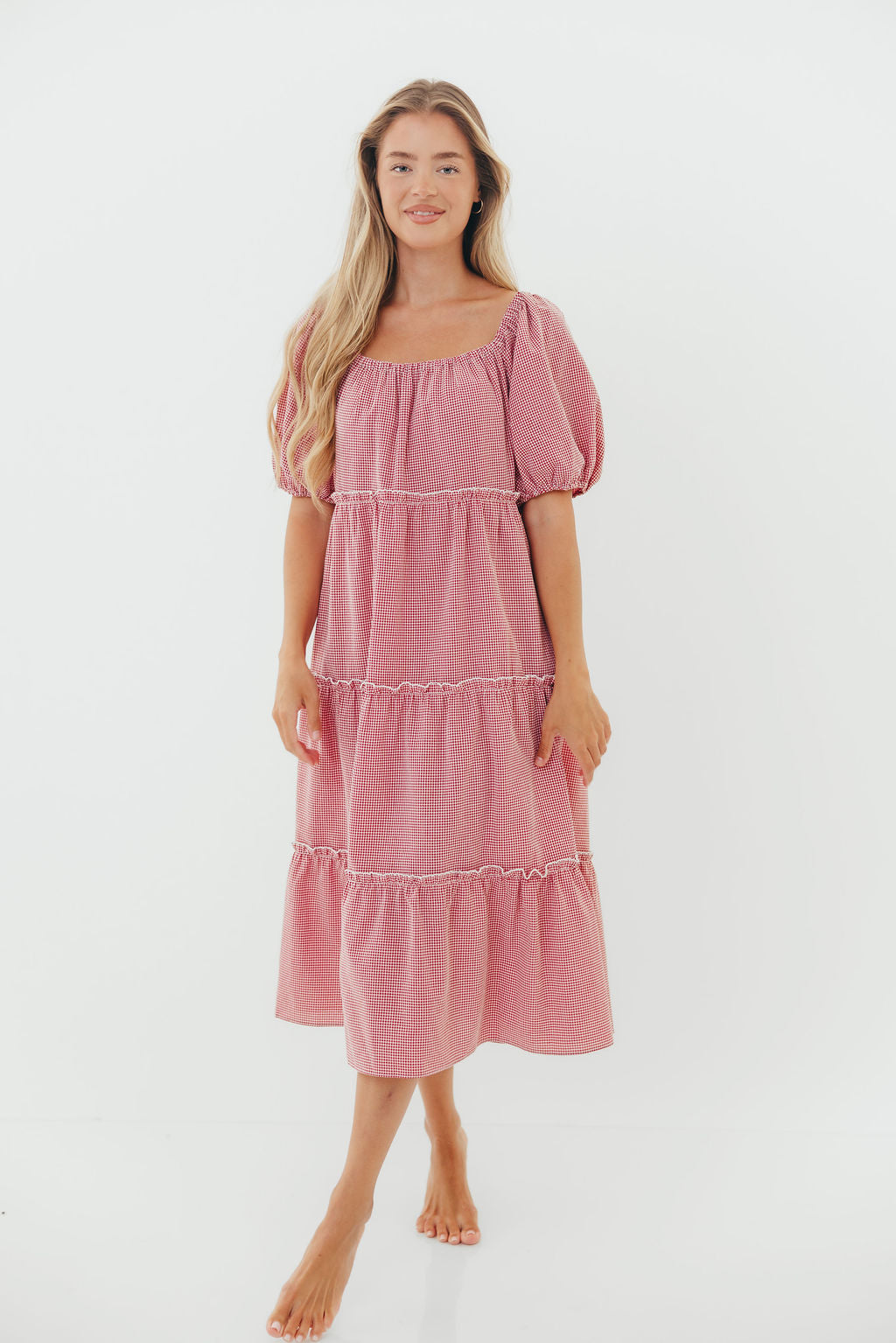 Nina 100% Cotton Gingham Tiered Midi Dress in Red/White