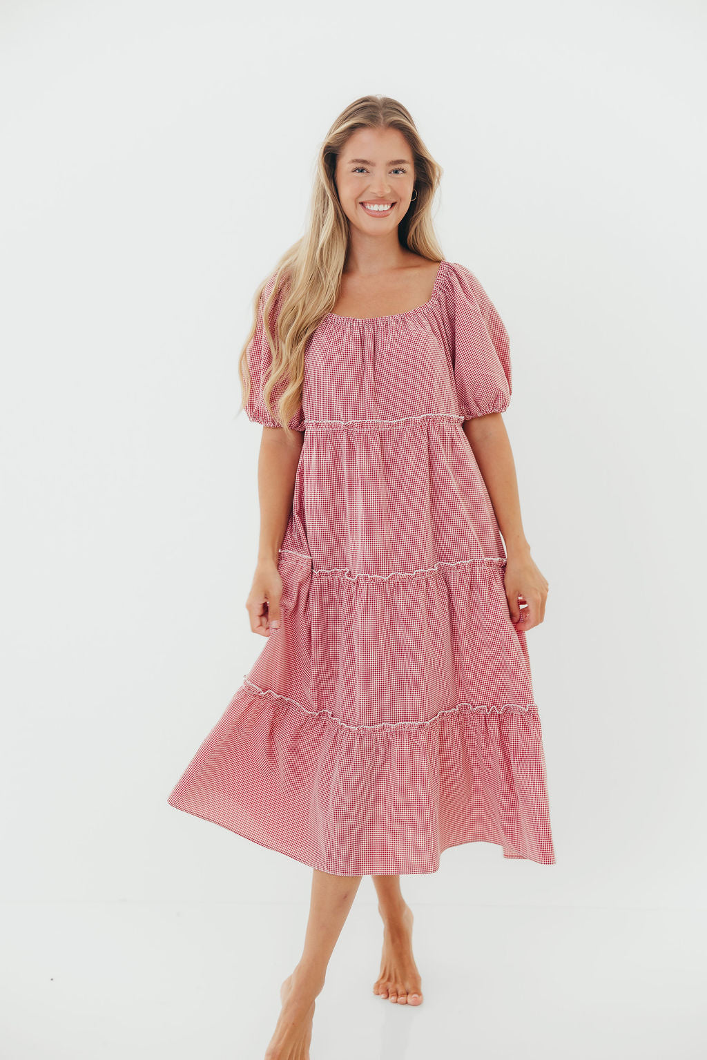 Nina 100% Cotton Gingham Tiered Midi Dress in Red/White