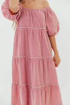 Nina 100% Cotton Gingham Tiered Midi Dress in Red/White