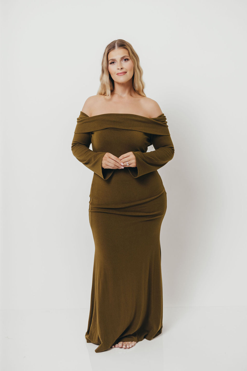 Monroe Maxi Dress with Long Sleeves in Olive Green- Bump Friendly *Final Sale*