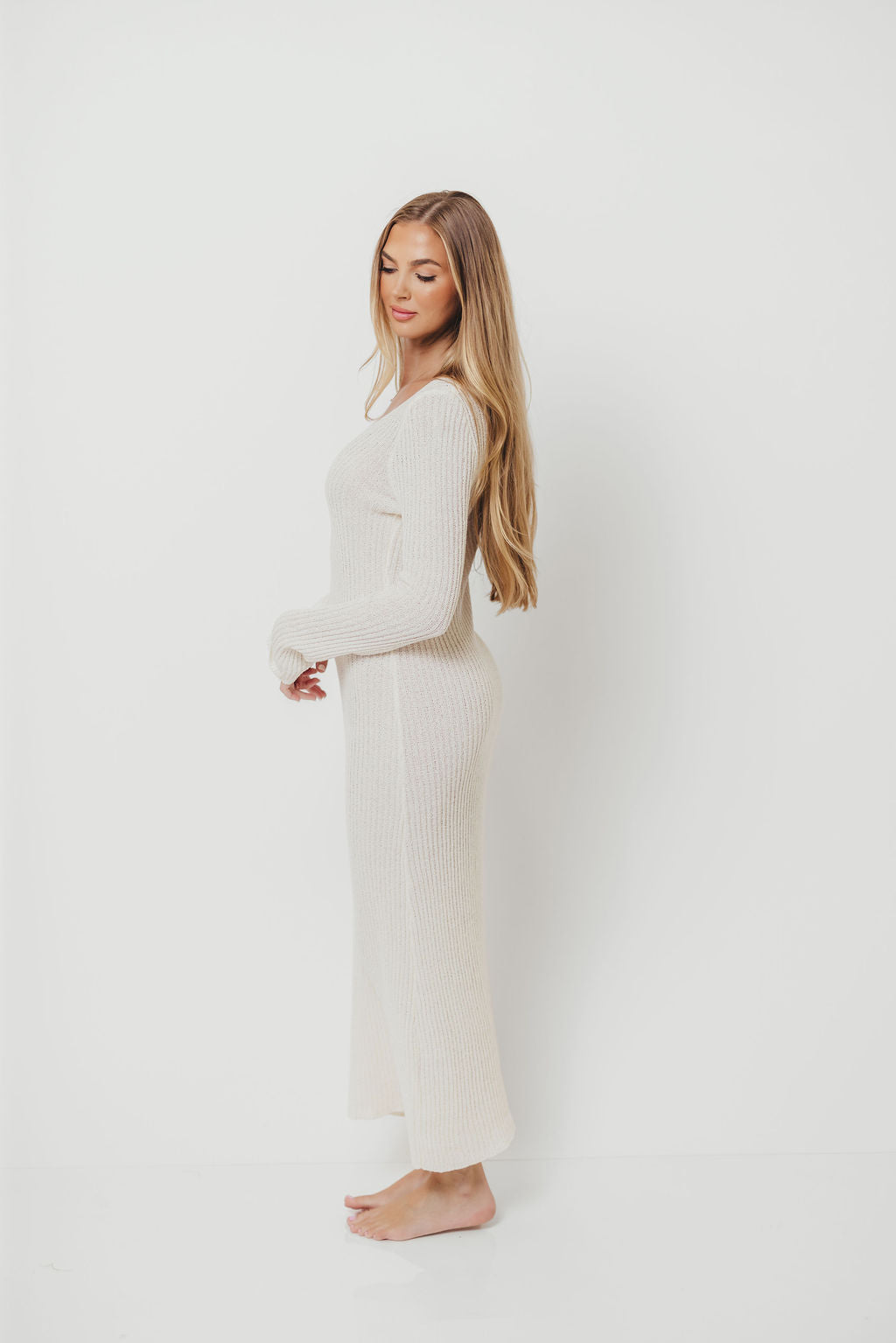 Joline Textured Rib Knit Sweater Maxi Dress in Off-White